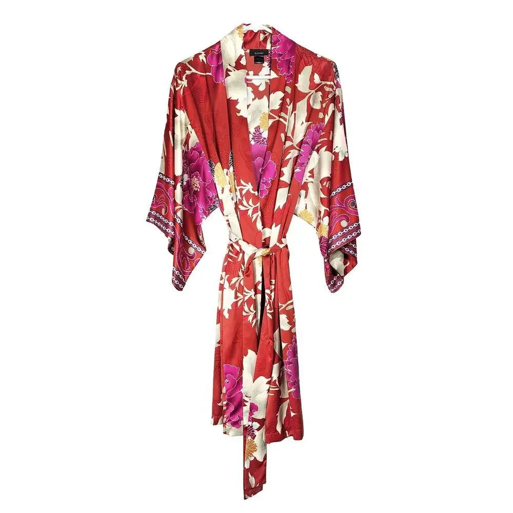 Natori Auburn Floral Robe Satin Red Orange Print Pockets Tie Waist Kimono Size S - Picture 3 of 8